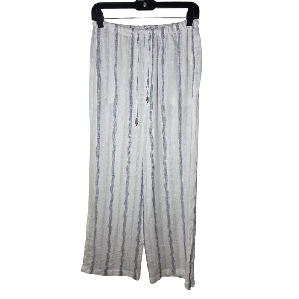 Blue Island White & Blue Striped Linen Blend Pull On Wide Leg Pants M NWOT